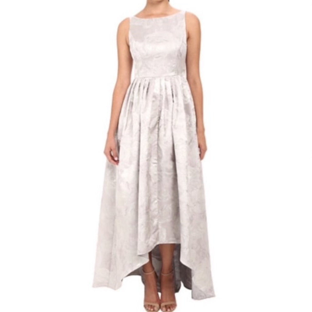 Adrianna Papell High Low Silver Jacquard Dress Size 10